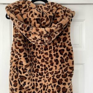 Leopard animal print faux fur vest with hood.